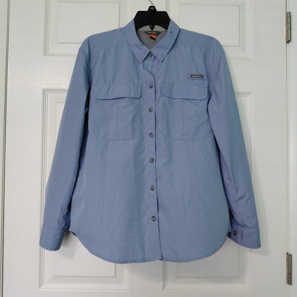 Eddie Bauer Womens Blue Micro Check Roll Tab Sleeve Vented Hiking Shirt PM